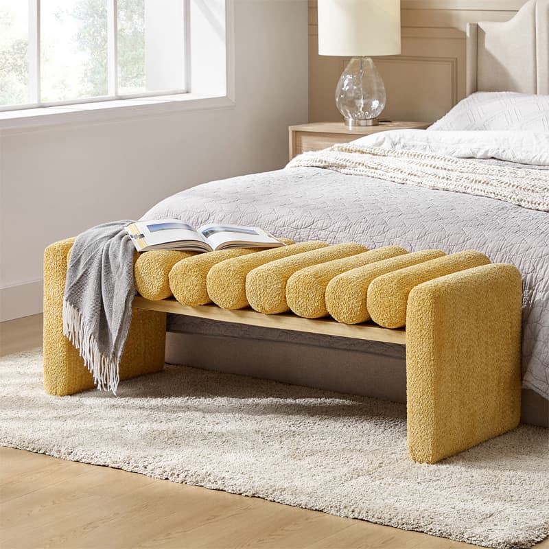 Banc en bois massif en H avec coussins cylindriques ronds amovibles et pieds en bois massif | Noir / Sauge / Jaune | Simple