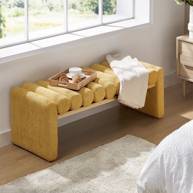 Banc en bois massif en H avec coussins cylindriques ronds amovibles et pieds en bois massif | Noir / Sauge / Jaune | Simple