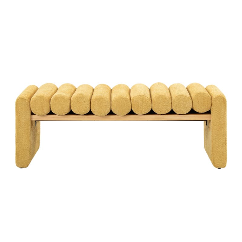 Banc en bois massif en H avec coussins cylindriques ronds amovibles et pieds en bois massif | Noir / Sauge / Jaune | Simple