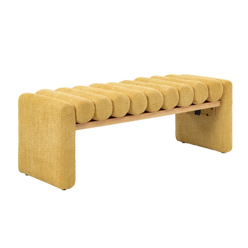 Banc en bois massif en H avec coussins cylindriques ronds amovibles et pieds en bois massif | Noir / Sauge / Jaune | Simple