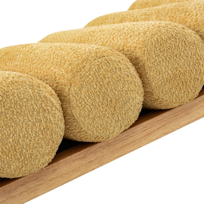 Banc en bois massif en H avec coussins cylindriques ronds amovibles et pieds en bois massif | Noir / Sauge / Jaune | Simple