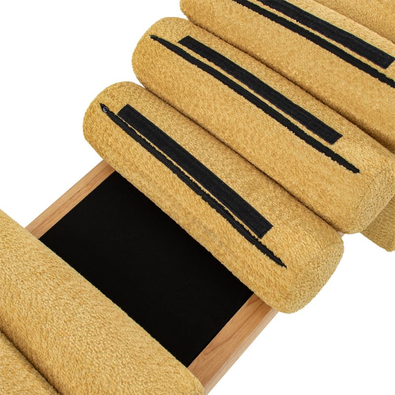 Banc en bois massif en H avec coussins cylindriques ronds amovibles et pieds en bois massif | Noir / Sauge / Jaune | Simple