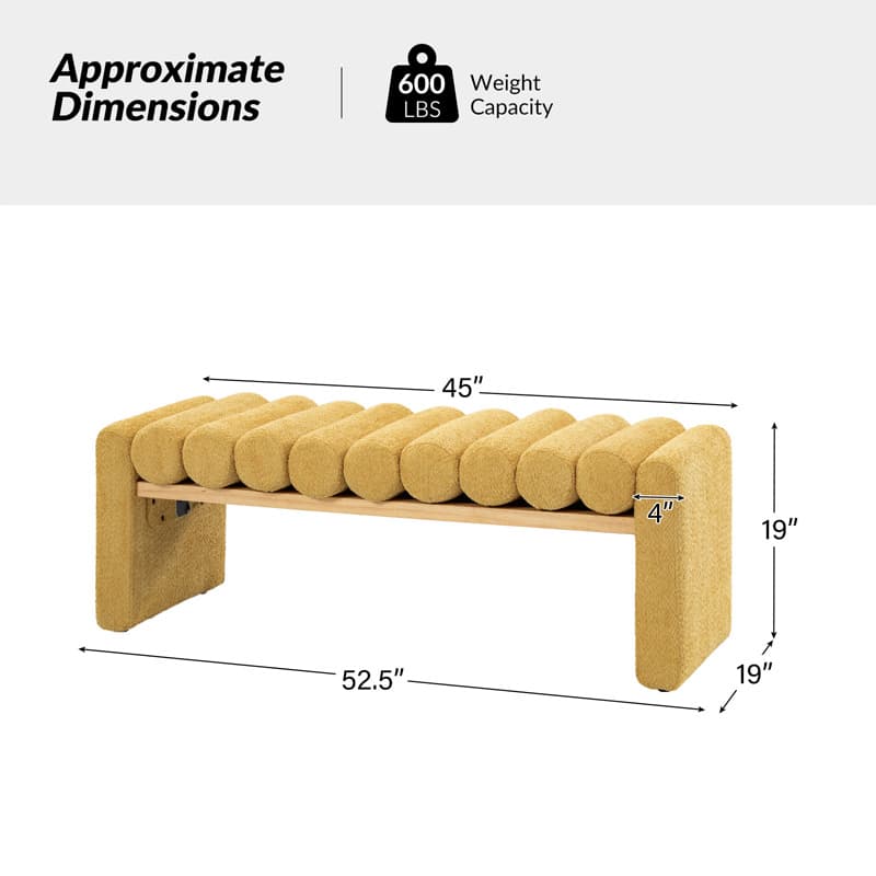 Banc en bois massif en H avec coussins cylindriques ronds amovibles et pieds en bois massif | Noir / Sauge / Jaune | Simple