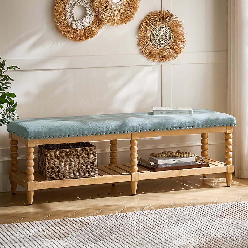 Banc rembourré avec garniture cloutée, assise en mousse, pieds tournés en bois massif et étagère de rangement à lattes | Ivoire / Rayures / Bleu | Individuel
