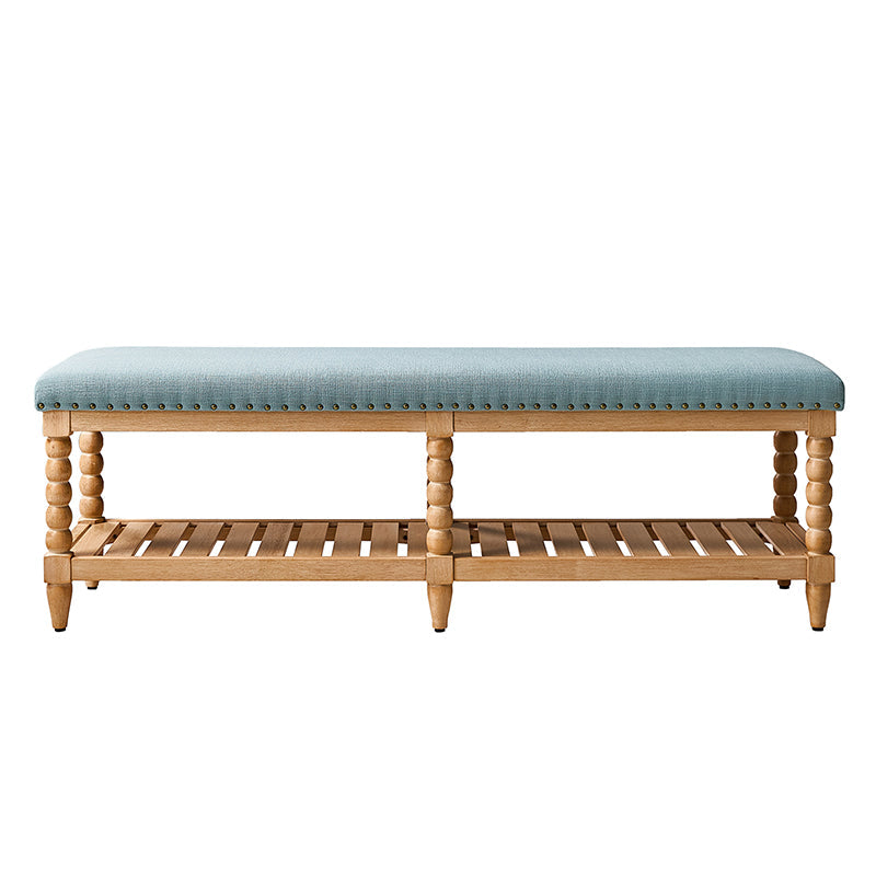 Banc rembourré avec garniture cloutée, assise en mousse, pieds tournés en bois massif et étagère de rangement à lattes | Ivoire / Rayures / Bleu | Individuel