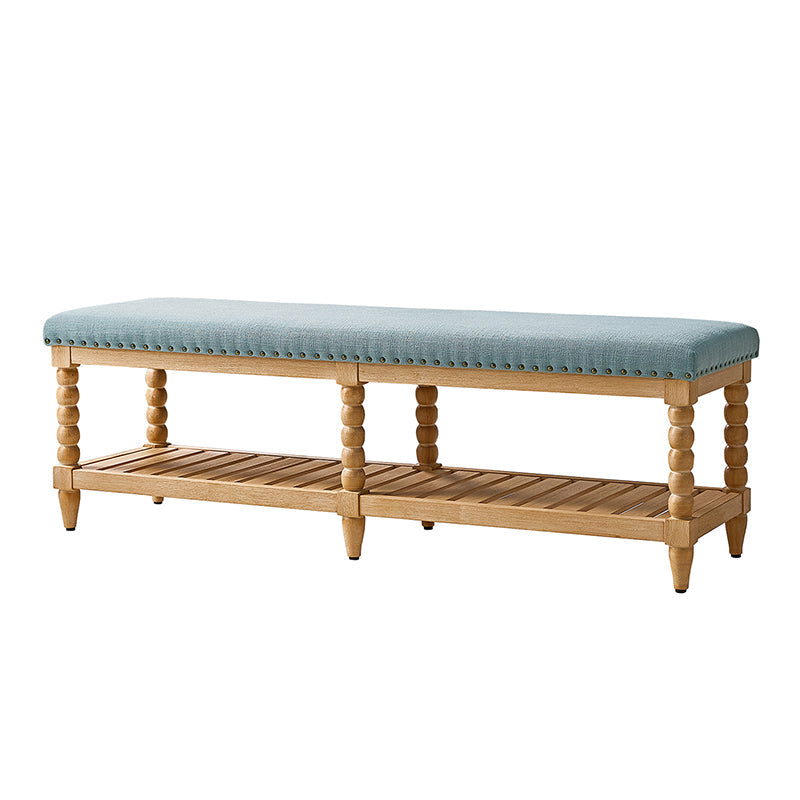 Banc rembourré avec garniture cloutée, assise en mousse, pieds tournés en bois massif et étagère de rangement à lattes | Ivoire / Rayures / Bleu | Individuel