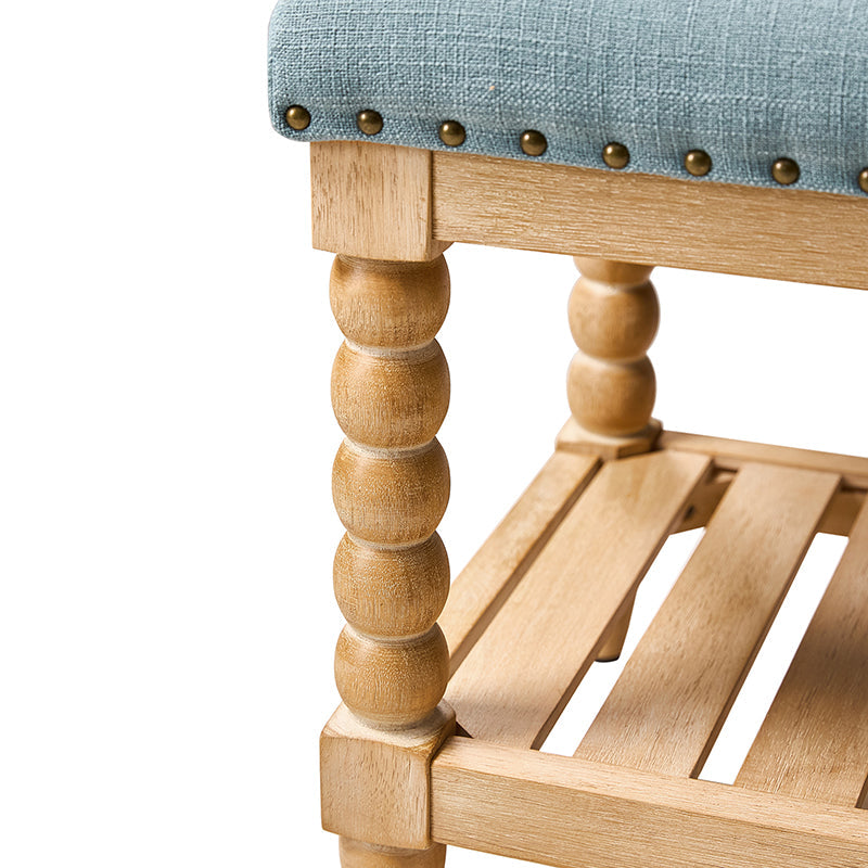 Banc rembourré avec garniture cloutée, assise en mousse, pieds tournés en bois massif et étagère de rangement à lattes | Ivoire / Rayures / Bleu | Individuel