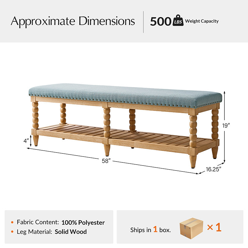 Banc rembourré avec garniture cloutée, assise en mousse, pieds tournés en bois massif et étagère de rangement à lattes | Ivoire / Rayures / Bleu | Individuel