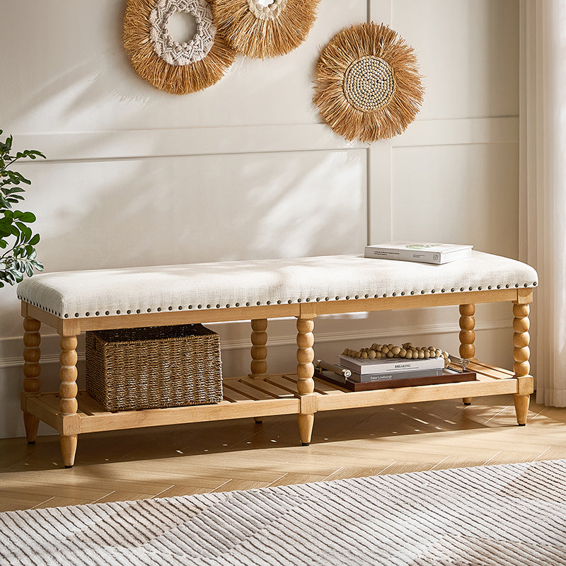 Banc rembourré avec garniture cloutée, assise en mousse, pieds tournés en bois massif et étagère de rangement à lattes | Ivoire / Rayures / Bleu | Individuel