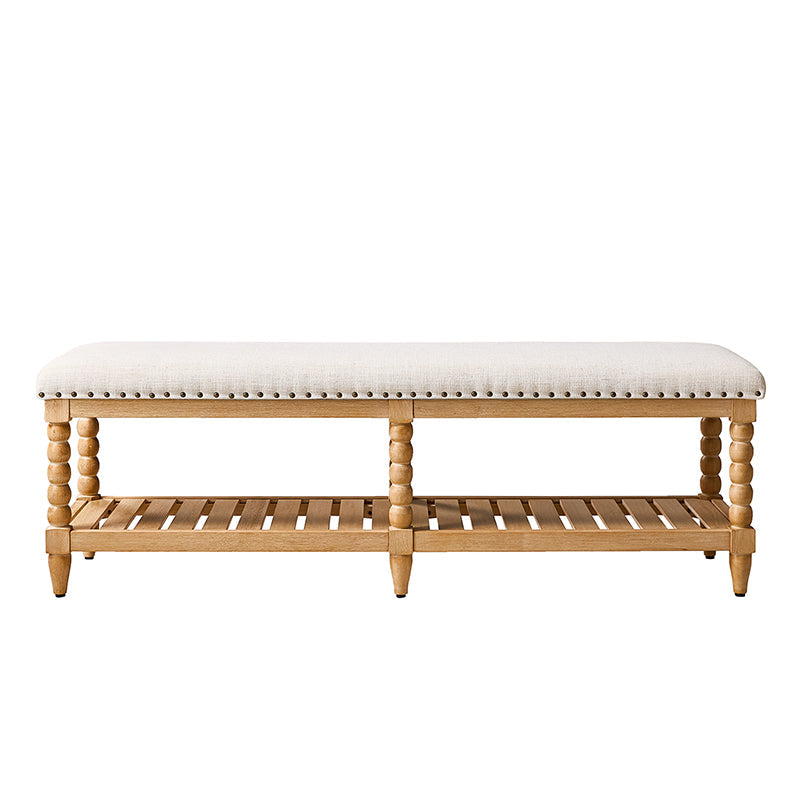 Banc rembourré avec garniture cloutée, assise en mousse, pieds tournés en bois massif et étagère de rangement à lattes | Ivoire / Rayures / Bleu | Individuel