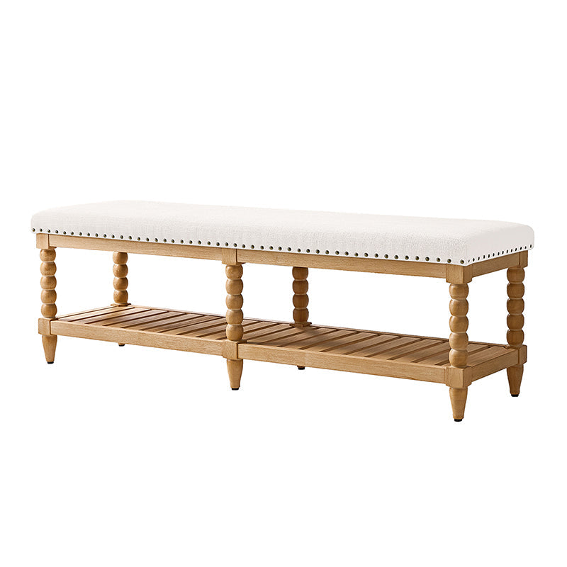 Banc rembourré avec garniture cloutée, assise en mousse, pieds tournés en bois massif et étagère de rangement à lattes | Ivoire / Rayures / Bleu | Individuel