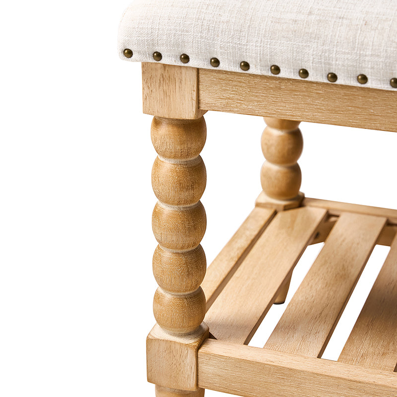 Banc rembourré avec garniture cloutée, assise en mousse, pieds tournés en bois massif et étagère de rangement à lattes | Ivoire / Rayures / Bleu | Individuel