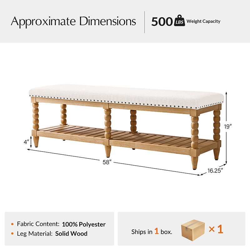 Banc rembourré avec garniture cloutée, assise en mousse, pieds tournés en bois massif et étagère de rangement à lattes | Ivoire / Rayures / Bleu | Individuel