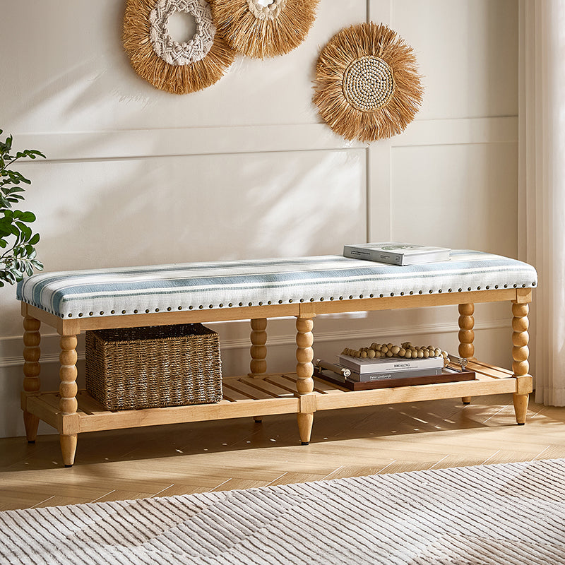 Banc rembourré avec garniture cloutée, assise en mousse, pieds tournés en bois massif et étagère de rangement à lattes | Ivoire / Rayures / Bleu | Individuel