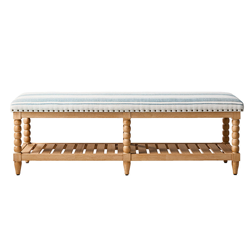 Banc rembourré avec garniture cloutée, assise en mousse, pieds tournés en bois massif et étagère de rangement à lattes | Ivoire / Rayures / Bleu | Individuel