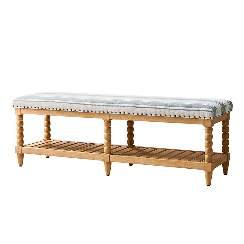 Banc rembourré avec garniture cloutée, assise en mousse, pieds tournés en bois massif et étagère de rangement à lattes | Ivoire / Rayures / Bleu | Individuel