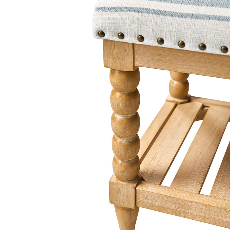 Banc rembourré avec garniture cloutée, assise en mousse, pieds tournés en bois massif et étagère de rangement à lattes | Ivoire / Rayures / Bleu | Individuel