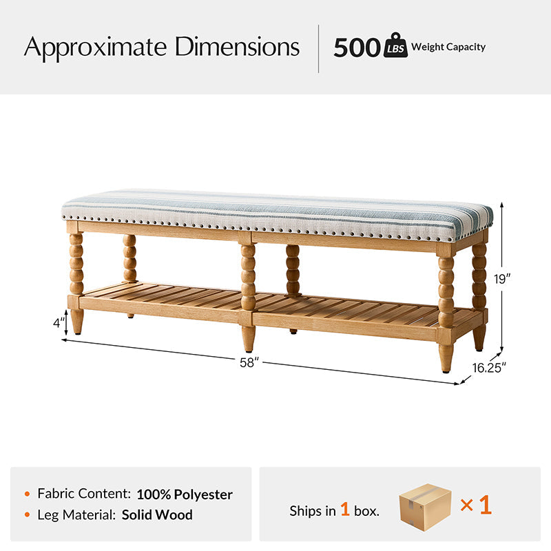 Banc rembourré avec garniture cloutée, assise en mousse, pieds tournés en bois massif et étagère de rangement à lattes | Ivoire / Rayures / Bleu | Individuel