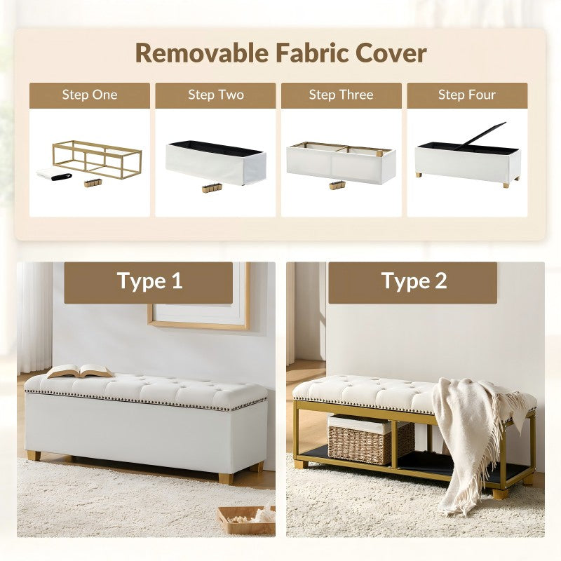 Banc de rangement capitonné avec housse en tissu amovible et garniture cloutée | Blanc/Gris | Simple