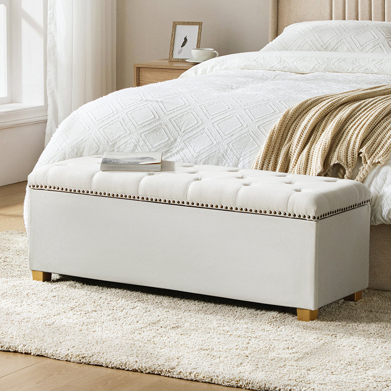 Banc de rangement capitonné avec housse en tissu amovible et garniture cloutée | Blanc/Gris | Simple