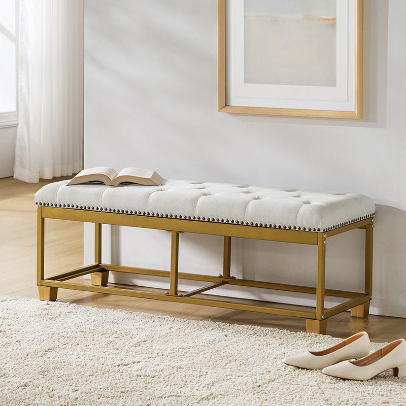 Banc de rangement capitonné avec housse en tissu amovible et garniture cloutée | Blanc/Gris | Simple