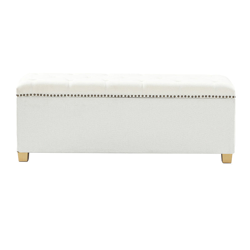 Banc de rangement capitonné avec housse en tissu amovible et garniture cloutée | Blanc/Gris | Simple