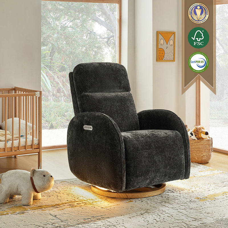 Fauteuil inclinable pivotant électrique pour chambre d'enfant avec appuie-tête et support lombaire motorisés, fonction bascule, veilleuse et ports USB/Type-C | Ivoire / Gris / Rose / Noir | Siège unique