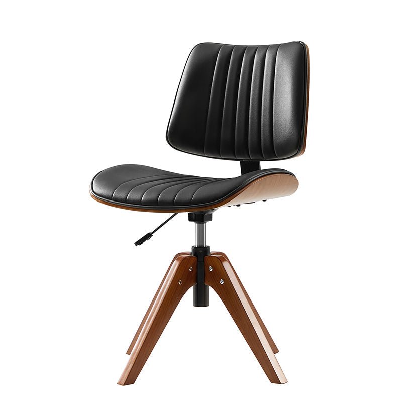 Chaise de bureau capitonnée Mid-Century à dossier canalisé avec cadre en bois courbé et pivotant à 360° | Noir / Ivoire | Siège unique