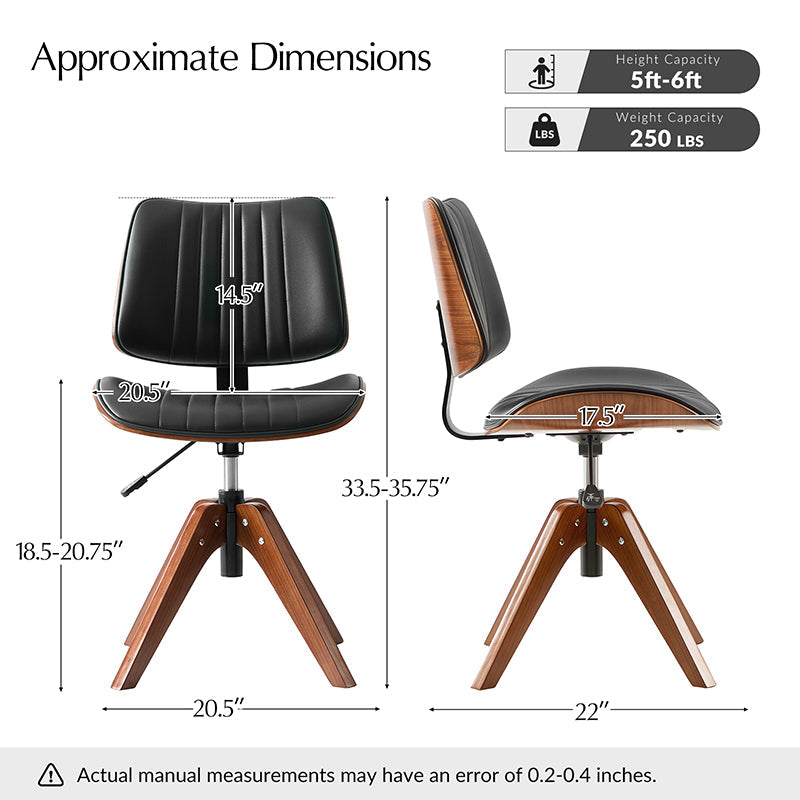 Chaise de bureau capitonnée Mid-Century à dossier canalisé avec cadre en bois courbé et pivotant à 360° | Noir / Ivoire | Siège unique