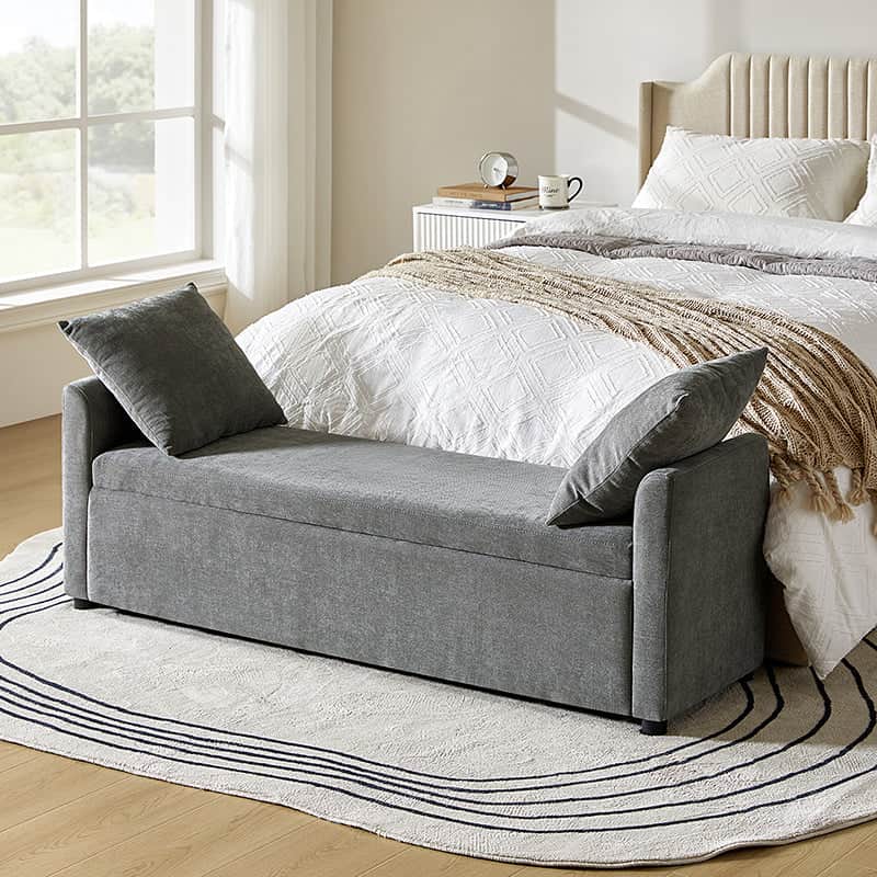 Banc de rangement capitonné avec 2 oreillers décoratifs, accoudoirs et pieds en plastique noir | Beige / Bleu marine / Sarcelle / Lin / Gris / Anthracite / Taupe / Marron | Simple