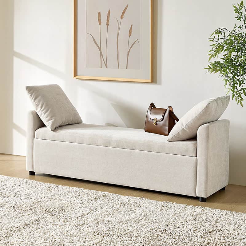 Banc de rangement capitonné avec 2 oreillers décoratifs, accoudoirs et pieds en plastique noir | Beige / Bleu marine / Sarcelle / Lin / Gris / Anthracite / Taupe / Marron | Simple