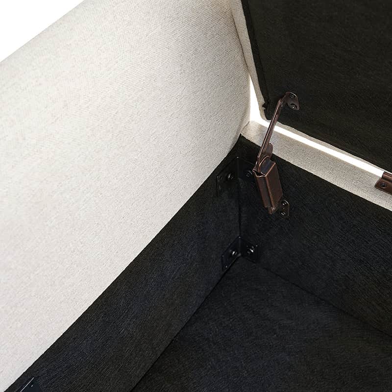 Banc de rangement capitonné avec 2 oreillers décoratifs, accoudoirs et pieds en plastique noir | Beige / Bleu marine / Sarcelle / Lin / Gris / Anthracite / Taupe / Marron | Simple