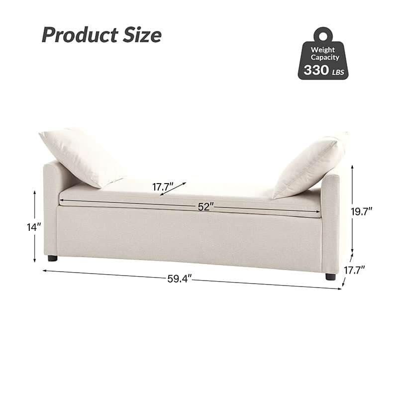 Banc de rangement capitonné avec 2 oreillers décoratifs, accoudoirs et pieds en plastique noir | Beige / Bleu marine / Sarcelle / Lin / Gris / Anthracite / Taupe / Marron | Simple