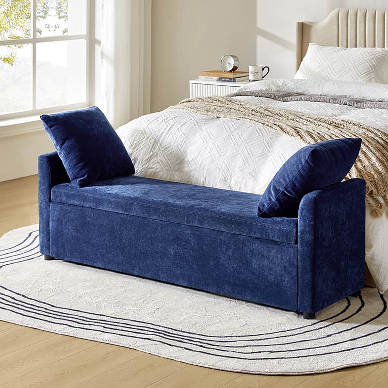 Banc de rangement capitonné avec 2 oreillers décoratifs, accoudoirs et pieds en plastique noir | Beige / Bleu marine / Sarcelle / Lin / Gris / Anthracite / Taupe / Marron | Simple
