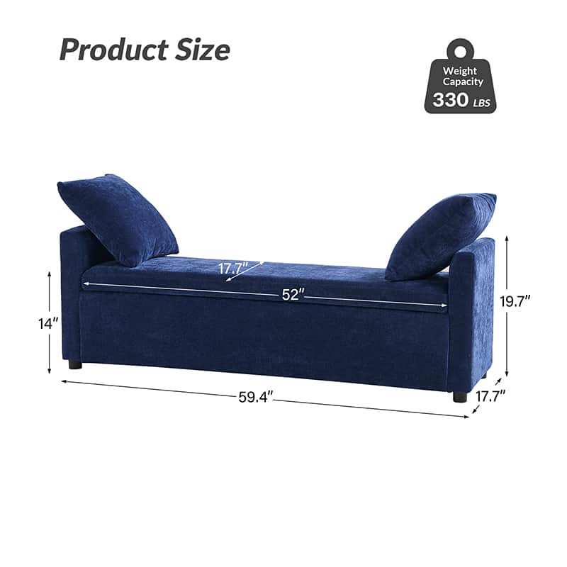 Banc de rangement capitonné avec 2 oreillers décoratifs, accoudoirs et pieds en plastique noir | Beige / Bleu marine / Sarcelle / Lin / Gris / Anthracite / Taupe / Marron | Simple