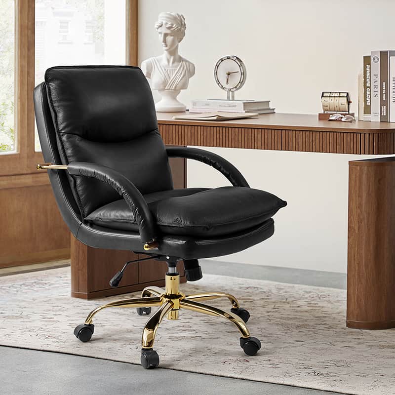 Chaise de Bureau Capitonnée en Cuir Véritable avec Hauteur Réglable, Pivotante à 360° et Piètement en Métal Doré | Marron / Camel / Noir | Siège Unique