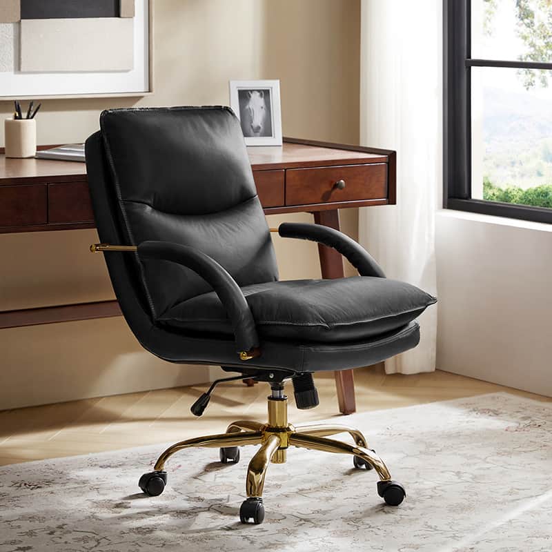 Chaise de Bureau Capitonnée en Cuir Véritable avec Hauteur Réglable, Pivotante à 360° et Piètement en Métal Doré | Marron / Camel / Noir | Siège Unique