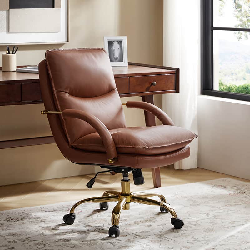 Chaise de Bureau Capitonnée en Cuir Véritable avec Hauteur Réglable, Pivotante à 360° et Piètement en Métal Doré | Marron / Camel / Noir | Siège Unique