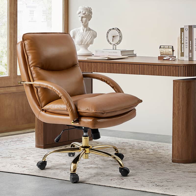 Chaise de Bureau Capitonnée en Cuir Véritable avec Hauteur Réglable, Pivotante à 360° et Piètement en Métal Doré | Marron / Camel / Noir | Siège Unique