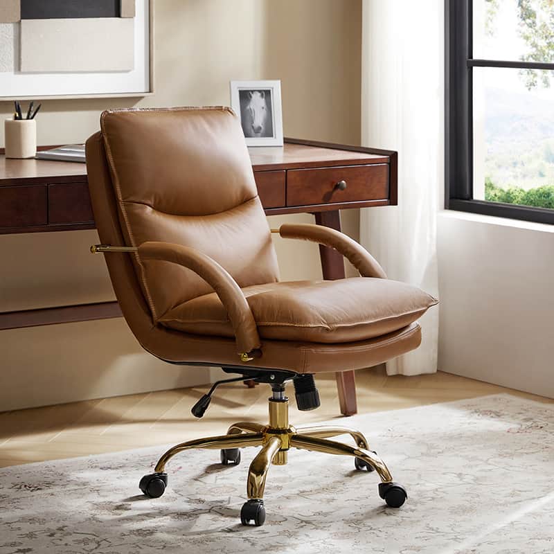 Chaise de Bureau Capitonnée en Cuir Véritable avec Hauteur Réglable, Pivotante à 360° et Piètement en Métal Doré | Marron / Camel / Noir | Siège Unique