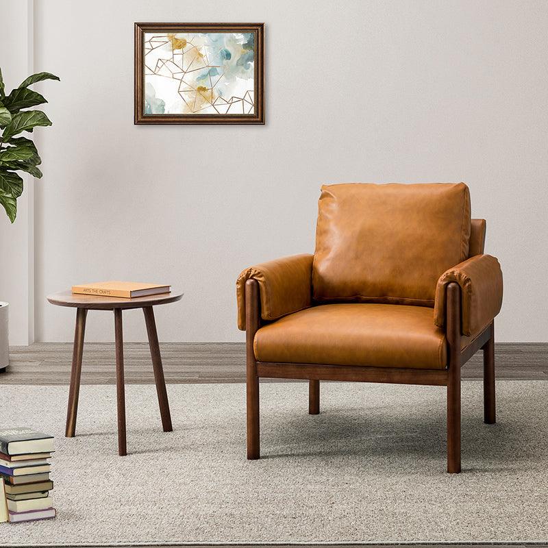 Fauteuil en cuir synthétique avec coussins de dossier et d'accoudoirs amovibles, assise à ressorts ondulés et pieds en bois massif de noyer | Camel | Siège unique