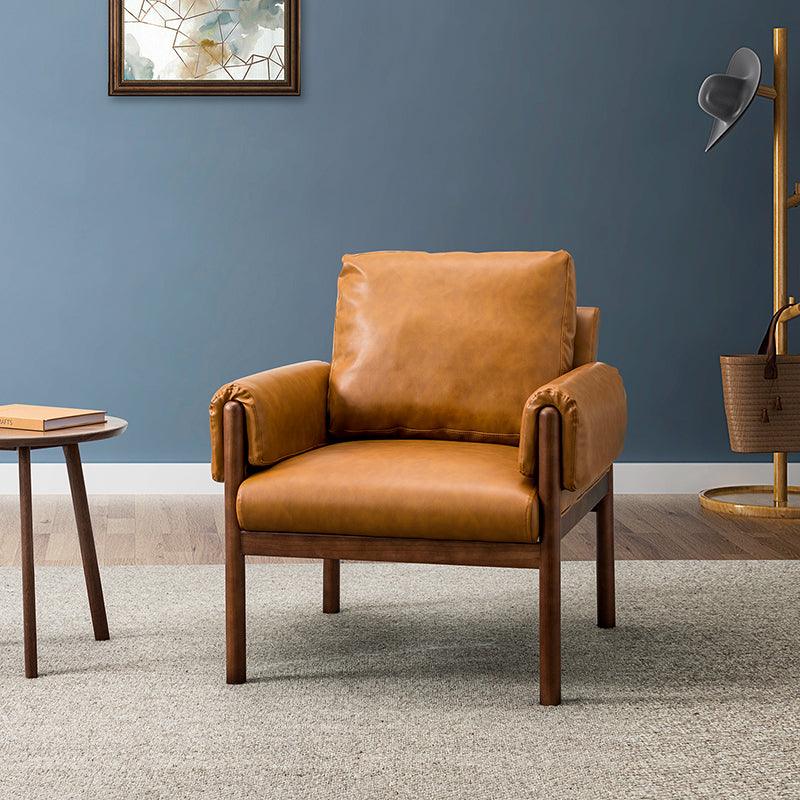 Fauteuil en cuir synthétique avec coussins de dossier et d'accoudoirs amovibles, assise à ressorts ondulés et pieds en bois massif de noyer | Camel | Siège unique