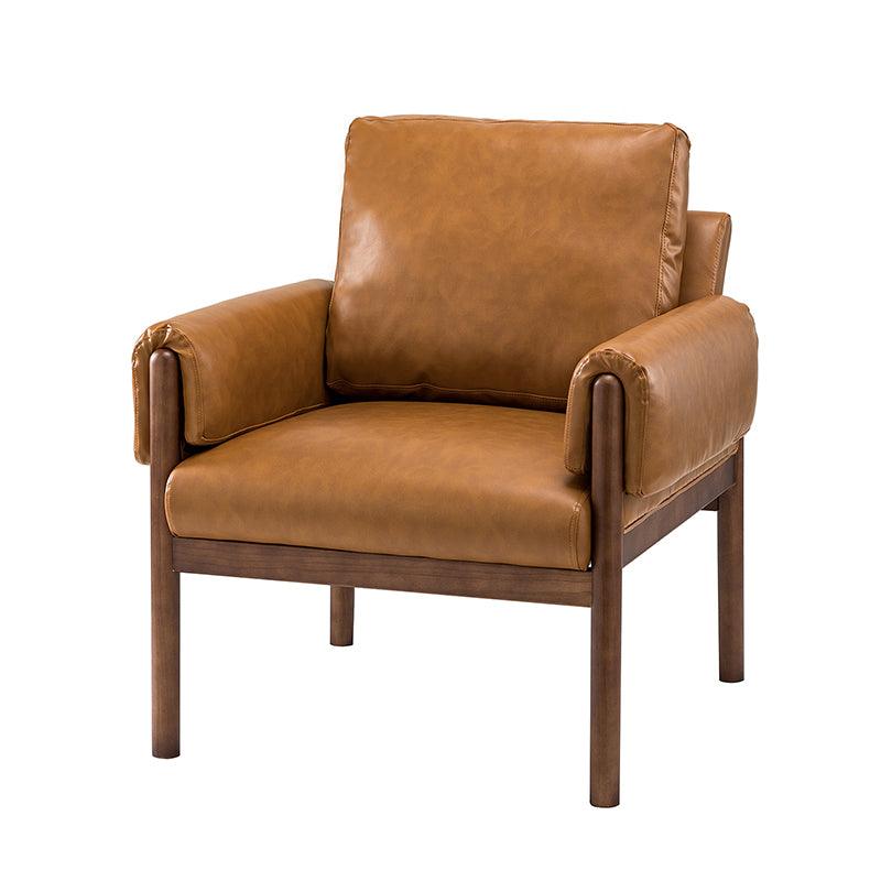 Fauteuil en cuir synthétique avec coussins de dossier et d'accoudoirs amovibles, assise à ressorts ondulés et pieds en bois massif de noyer | Camel | Siège unique