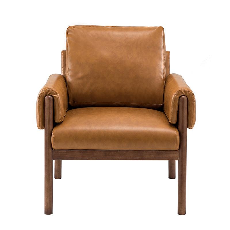 Fauteuil en cuir synthétique avec coussins de dossier et d'accoudoirs amovibles, assise à ressorts ondulés et pieds en bois massif de noyer | Camel | Siège unique