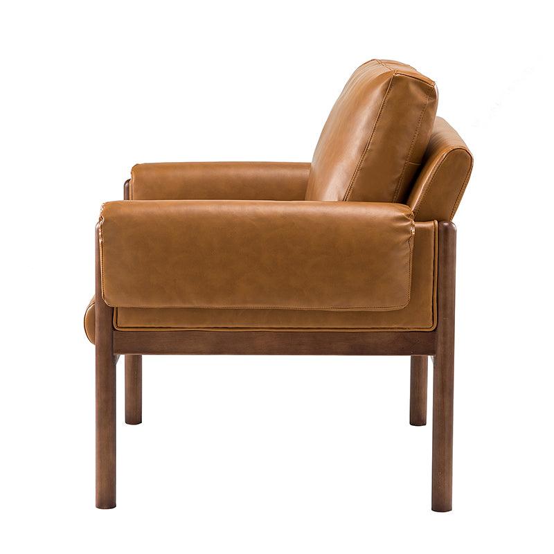 Fauteuil en cuir synthétique avec coussins de dossier et d'accoudoirs amovibles, assise à ressorts ondulés et pieds en bois massif de noyer | Camel | Siège unique