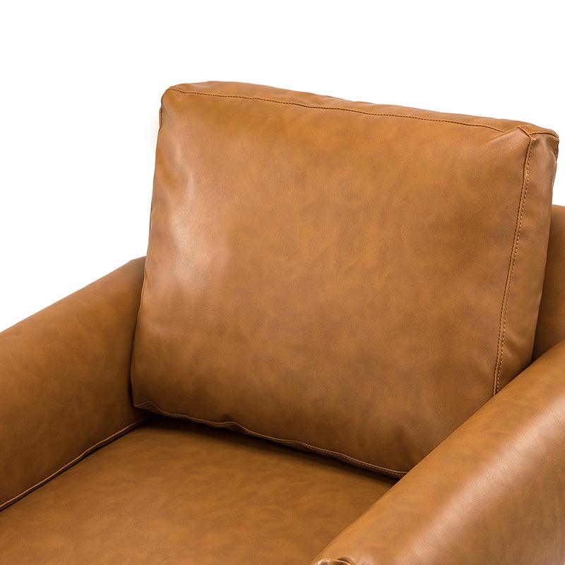 Fauteuil en cuir synthétique avec coussins de dossier et d'accoudoirs amovibles, assise à ressorts ondulés et pieds en bois massif de noyer | Camel | Siège unique