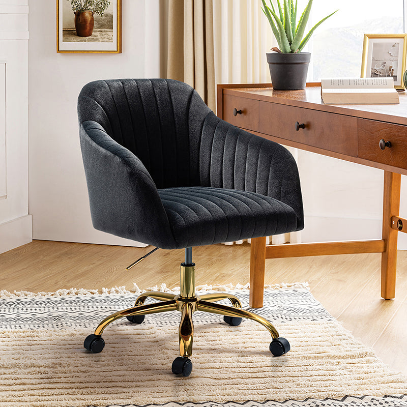 Chaise de bureau en velours matelassé avec dossier ouvert, hauteur réglable et base en métal doré à 5 branches | sarcelle / rose / havane / vert / noir / bleu / violet / gris / ivoire / marine / fuchsia | siège unique