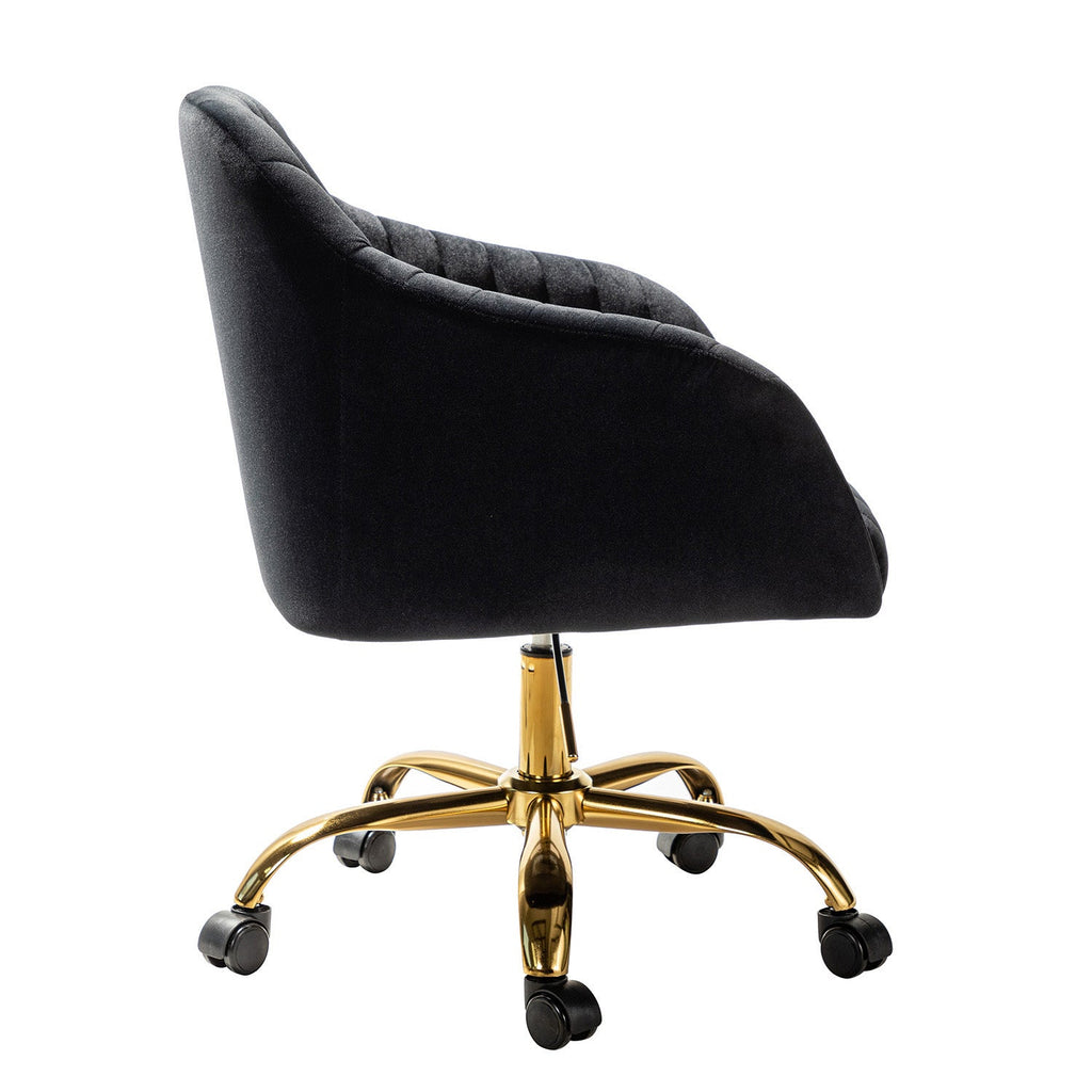 Chaise de bureau en velours matelassé avec dossier ouvert, hauteur réglable et base en métal doré à 5 branches | sarcelle / rose / havane / vert / noir / bleu / violet / gris / ivoire / marine / fuchsia | siège unique