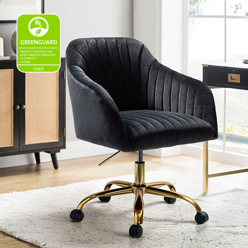 Chaise de bureau en velours matelassé avec dossier ouvert, hauteur réglable et base en métal doré à 5 branches | sarcelle / rose / havane / vert / noir / bleu / violet / gris / ivoire / marine / fuchsia | siège unique