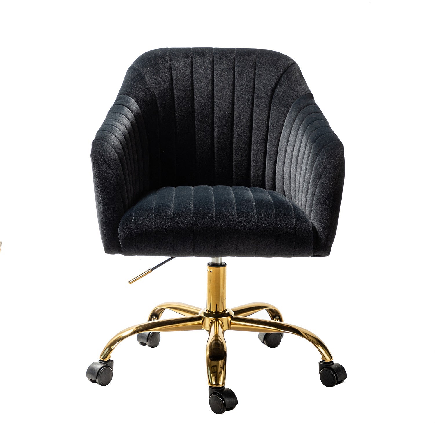 Chaise de bureau en velours matelassé avec dossier ouvert, hauteur réglable et base en métal doré à 5 branches | sarcelle / rose / havane / vert / noir / bleu / violet / gris / ivoire / marine / fuchsia | siège unique